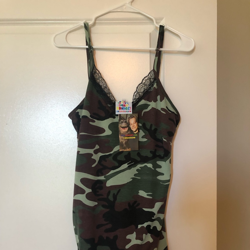 O MIGHTY camo lace slip dress